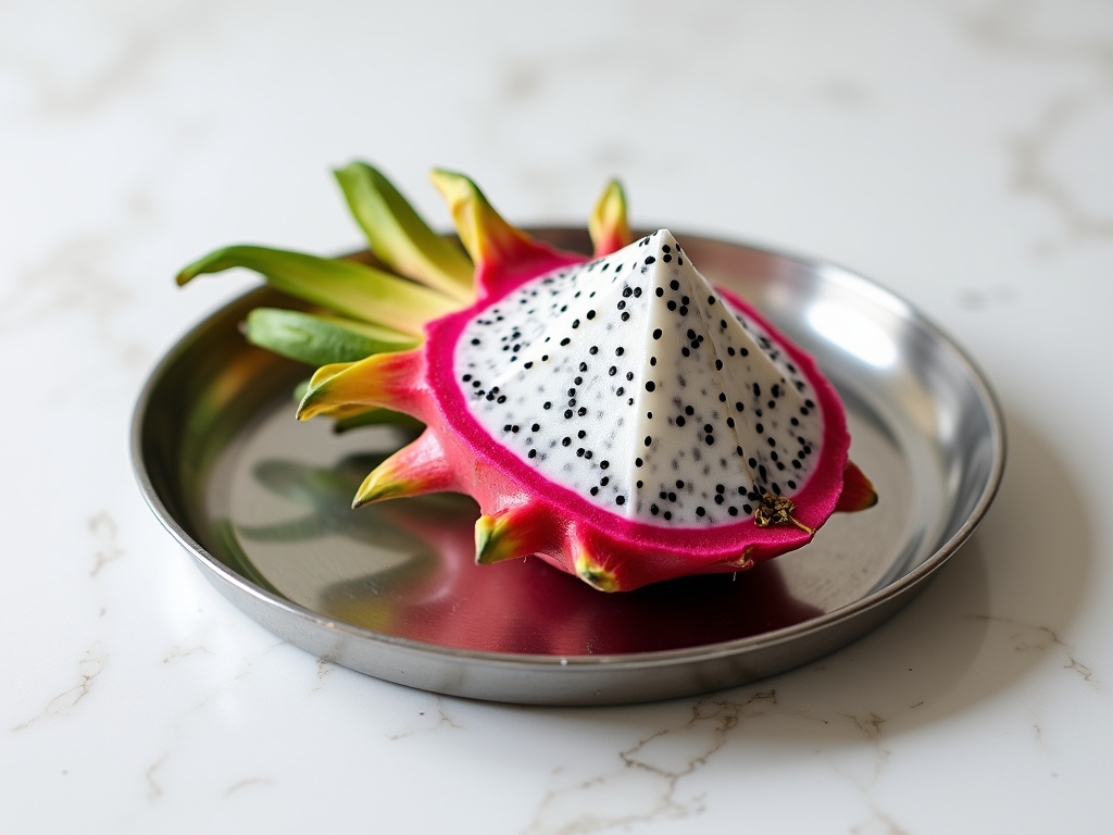 Fresh dragon fruit cut in half showing white flesh with black seeds